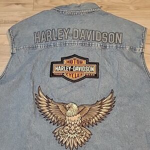 Harley Davidson Motorcycle Sleeveless Shirt Mens 3XL Blue Denim Button Up Biker‎